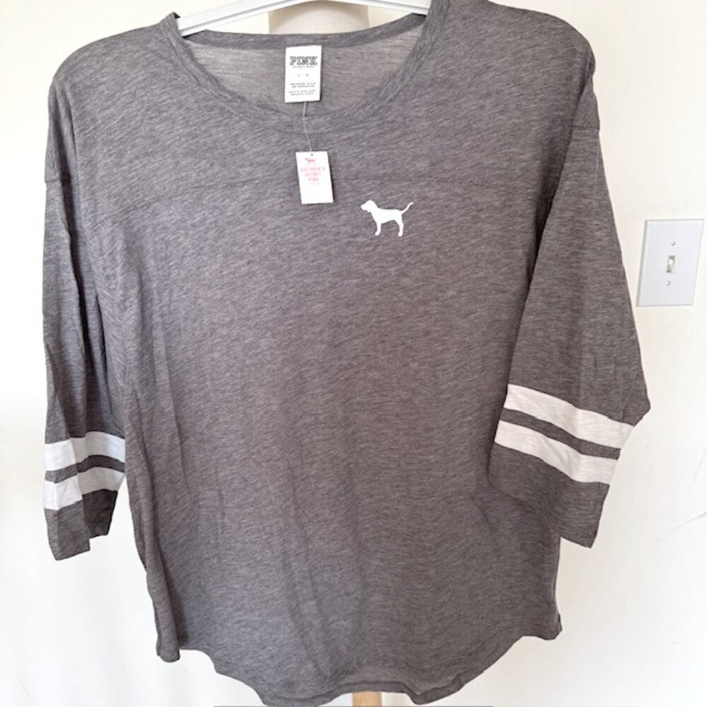 NWT, RARE Victoria's Secret PINK Nation Gray 3/4 Sleeve Tee Shirt, Large